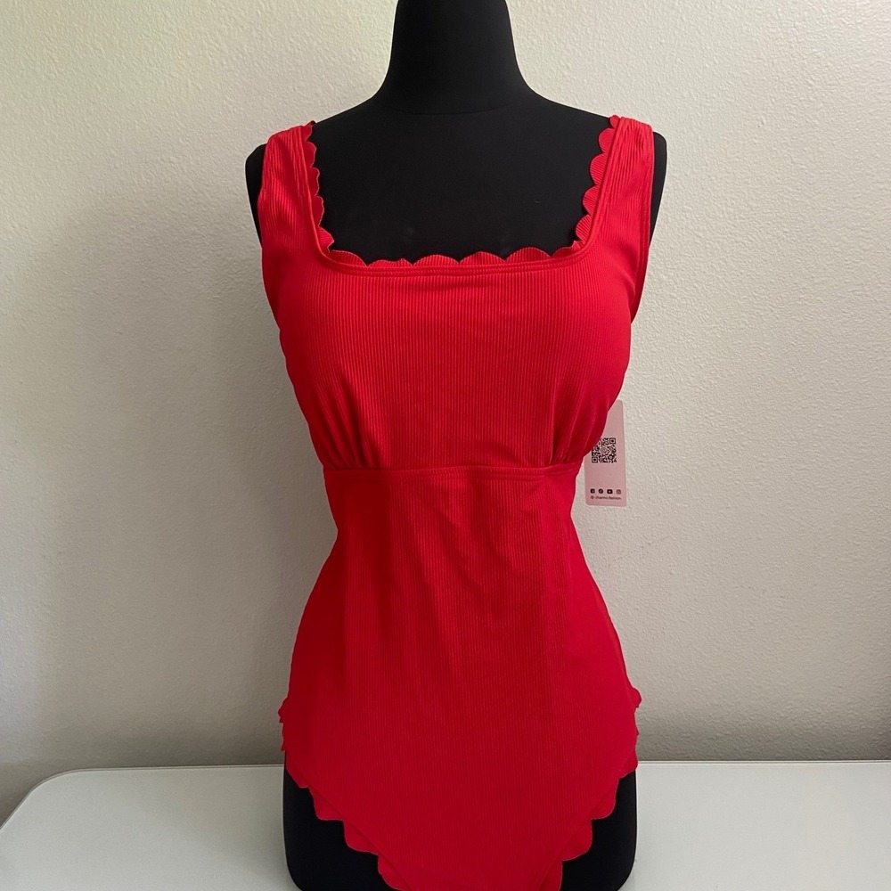 Charmo‎ Red One Piece Swimsuit Scalloped Square Neckline XL Open Back NEW